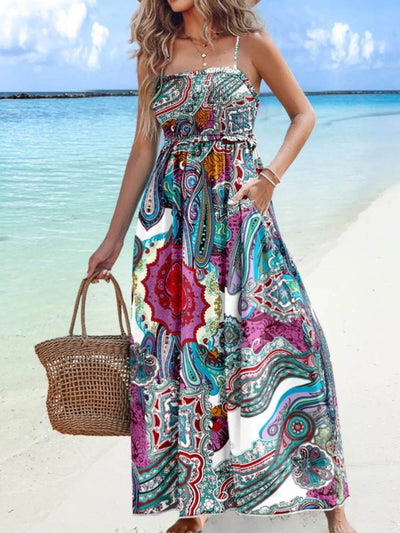Printed Smocked Maxi Cami Dress - Ebony's Shopping