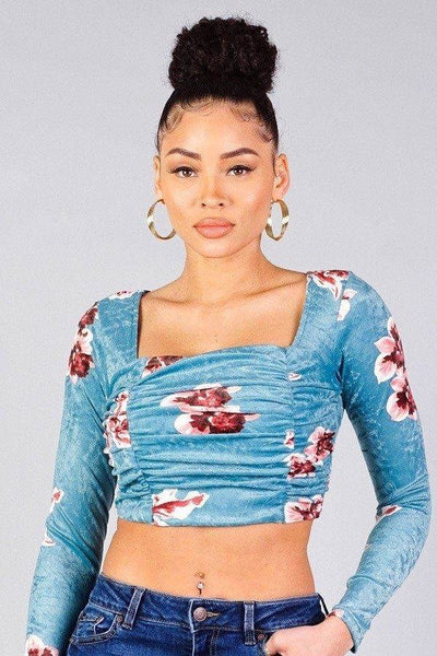 Ruched Velvet Floral Back Tie Crop Top - Ebony's Shopping