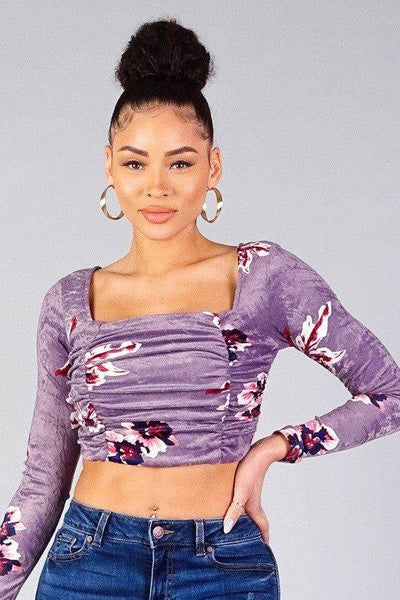 Ruched Velvet Floral Back Tie Crop Top - Ebony's Shopping