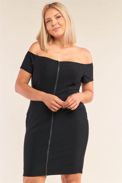 Plus Size Fitted Off-the-shoulder Front Zipper Bodycon Mini Dress - Ebony's Shopping