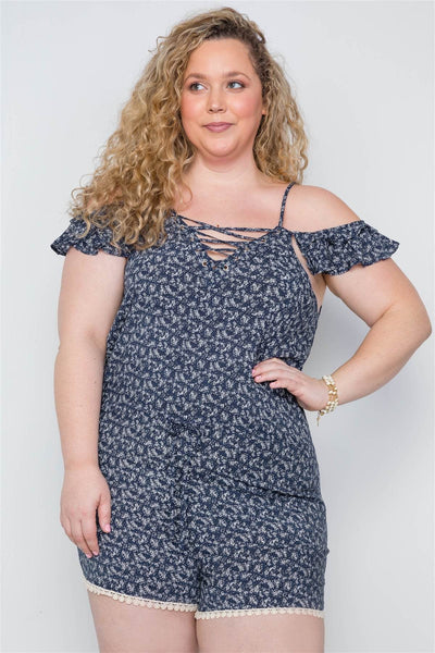 Plus Size Navy Floral Print Lace Up Romper - Ebony's Shopping