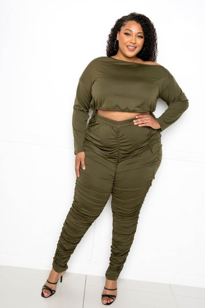 Off Shoulder Cropped Top And Ruched Leggings Sets - Ebony's Shopping