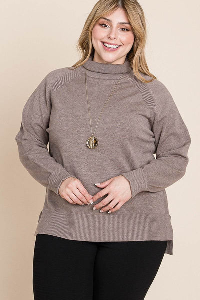 Plus Size High Quality Buttery Soft Solid Knit Turtleneck Two Tone High Low Hem Sweater - Ebony's Shopping