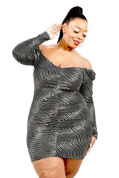 Plus Foil & Glitter Wavy Print Mini Dress - Ebony's Shopping