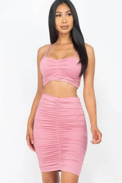 Ruched Crop Top And Skirt Sets - Ebony's Shopping