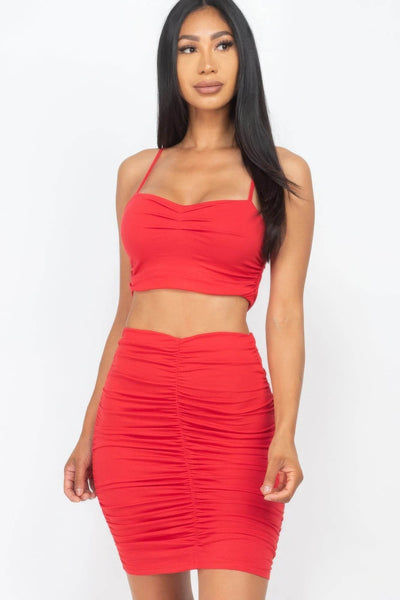 Ruched Crop Top And Skirt Sets - Ebony's Shopping