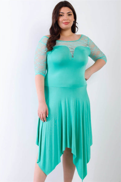 Plus Mint Lace Details Handkerchief Hem Midi Dress - Ebony's Shopping