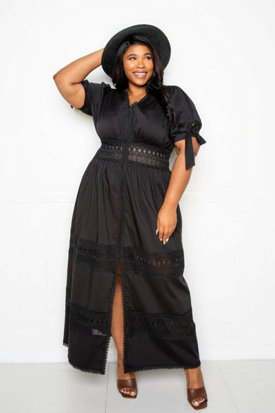 Puff Sleeve Maxi Dress With Lace Insert - Ebony's Shopping