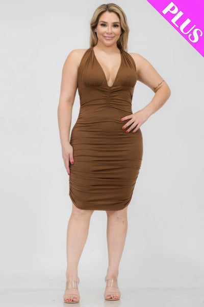 Plus Plunging Neck Crisscross Back Ruched Bodycon Mini Dress - Ebony's Shopping