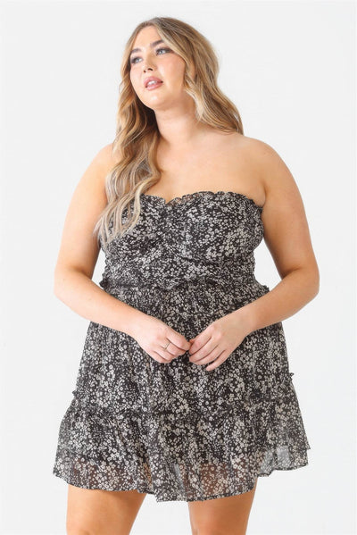 Plus Floral Print Ruched Ruffle Smocked Back Top & High Waist Flare Hem Mini Skirt Set - Ebony's Shopping