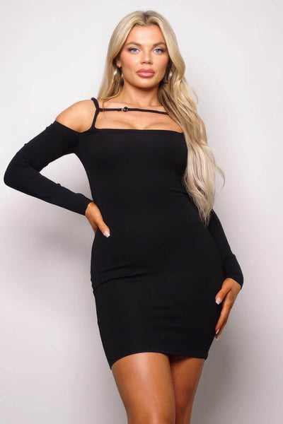 Long Sleeve Cuff Front Strap Mini Dress - Ebony's Shopping