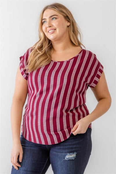 Plus Striped Short Sleeve Relax Top - Ebony's Shopping