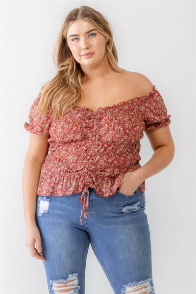 Plus Floral Chiffon Ruched Smocked Off-the-shoulder Top - Ebony's Shopping