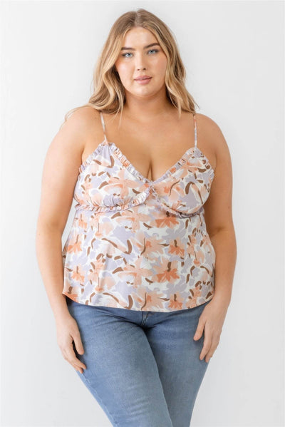 Plus Floral Print Woven Ruffle Sleeveless Back Zipper Tank Top - Ebony's Shopping