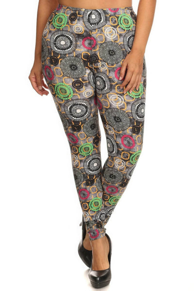 Plus Size Abstract Print, Full Length Leggings In A Slim Fitting Style With A Banded High Waist - Ebony's Shopping