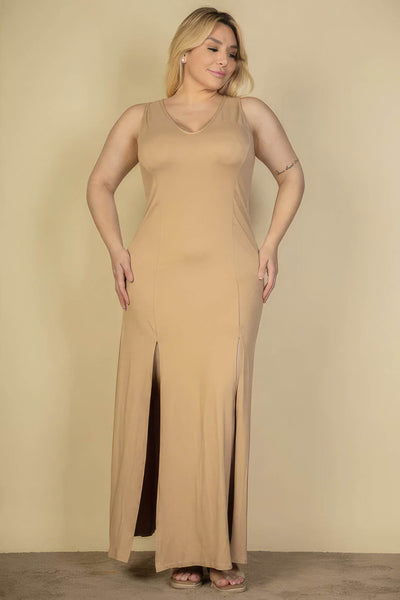Plus Size Plunge Neck Thigh Split Maxi Dress - Ebony's Shopping