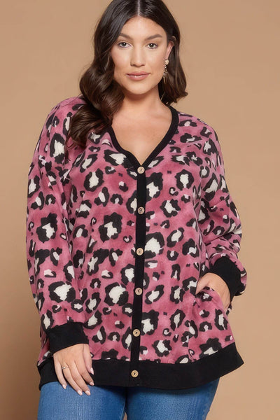 Plus Size Cozy Animal Mir Print With Brush Button Up Cardigan - Ebony's Shopping