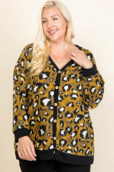 Plus Size Cozy Animal Mir Print With Brush Button Up Cardigan - Ebony's Shopping