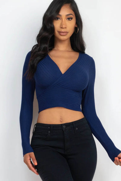 Ribbed Wrap Front Long Sleeve Top - Ebony's Shopping