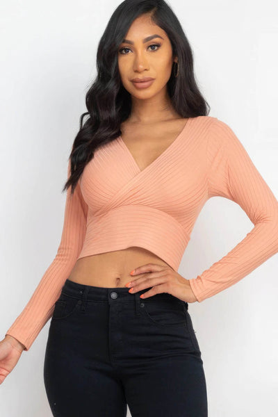 Ribbed Wrap Front Long Sleeve Top - Ebony's Shopping