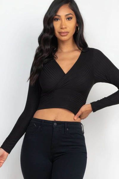 Ribbed Wrap Front Long Sleeve Top - Ebony's Shopping