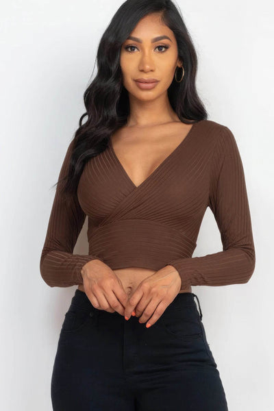 Ribbed Wrap Front Long Sleeve Top - Ebony's Shopping
