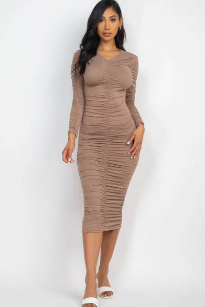Ruched Long Sleeve Midi Dress - Ebony's Shopping