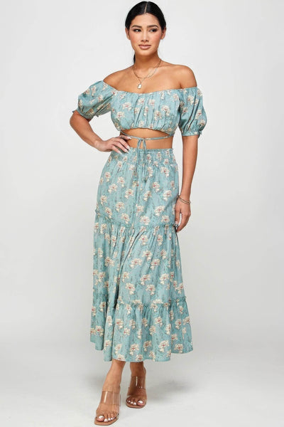 Floral Off Shoulder Sleeve Back Tie Top Skirt Set - Ebony's Shopping