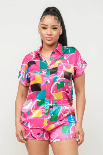 Satin Dolman Print Button Down Top And Shorts Set - Ebony's Shopping