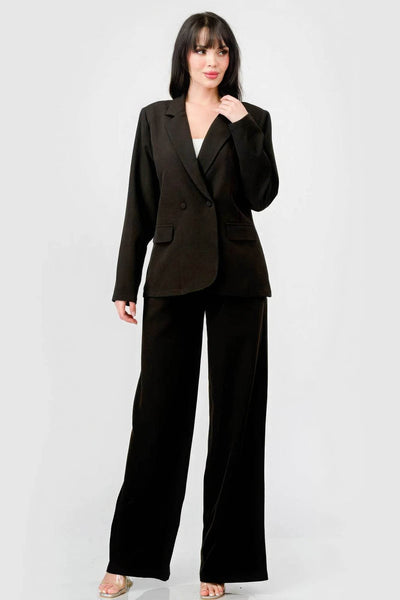 Luxe Stretch Woven Loose Fit Blazer And Wide Legs Pants Semi Formal Set - Ebony's Shopping