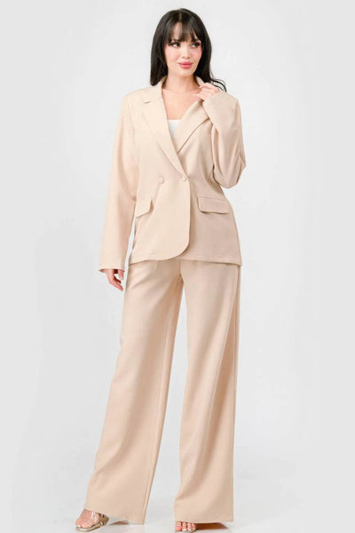 Luxe Stretch Woven Loose Fit Blazer And Wide Legs Pants Semi Formal Set - Ebony's Shopping