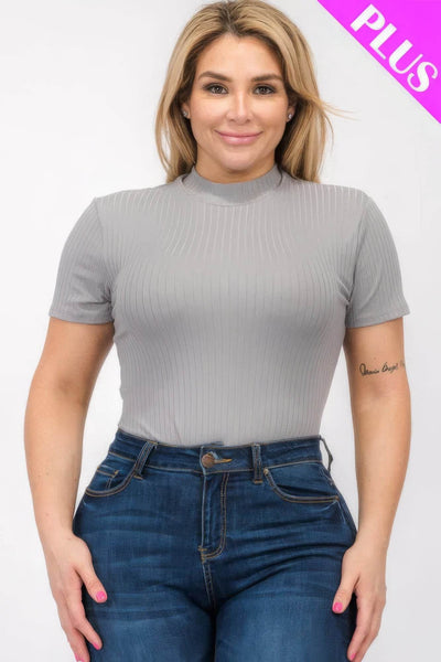 Plus Size Ribbed Short Sleeve Bodysuit - Ebony's Shopping