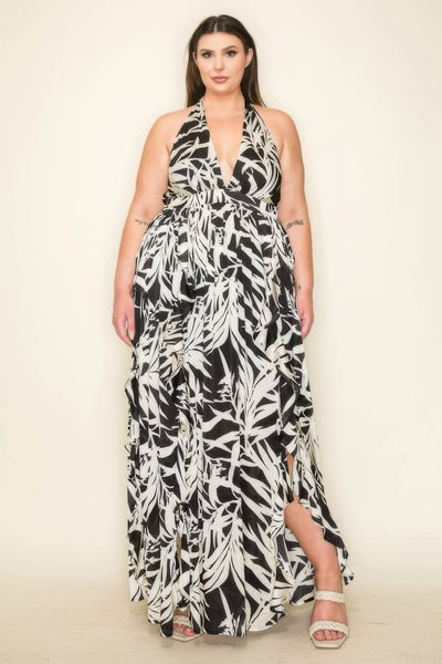 Crinkle Satin Printed Halter Ruffled Detail Smocked Waist Slit Frt Maxi Dress - Ebony's Shopping