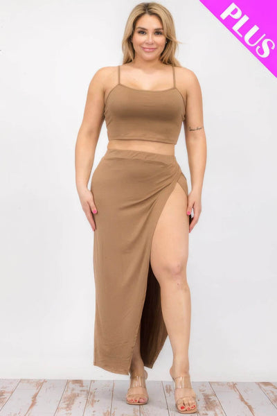 Plus Size Crop Cami & Split Thigh Maxi Skirt Set - Ebony's Shopping