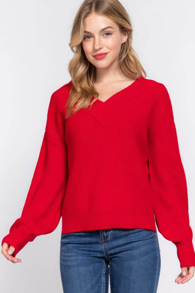 Long Slv Double V-neck Sweater - Ebony's Shopping