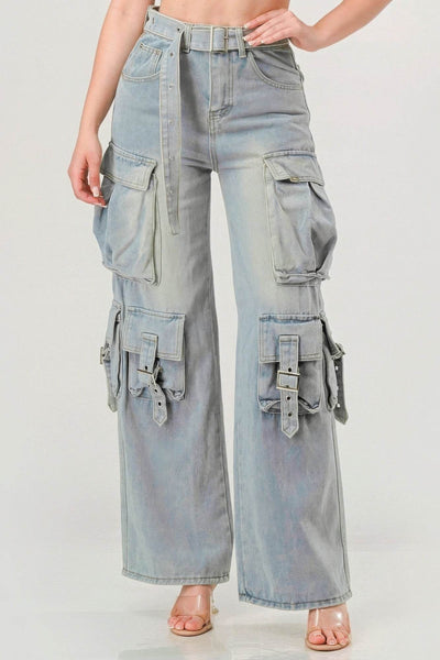 Belted Denim Cargo Jean - Ebony's Shopping