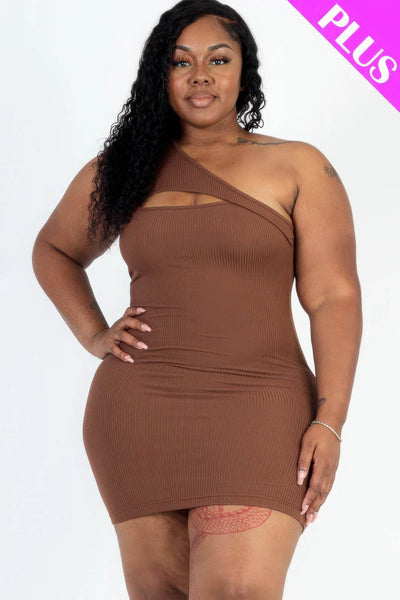 Plus Size Ribbed One Shoulder Cutout Front Casual Mini Bodycon Dress - Ebony's Shopping