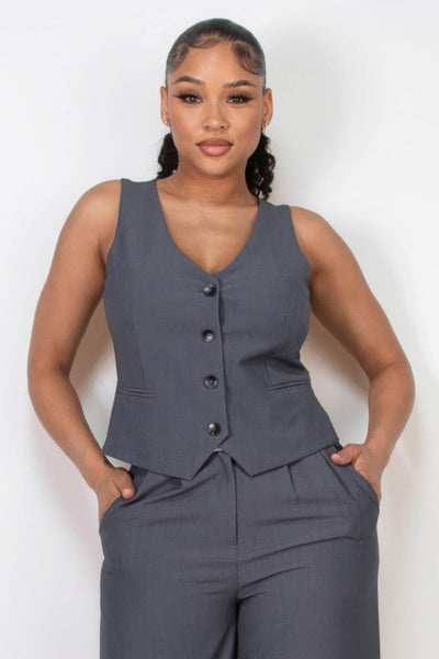 Buttoned Solid V-neck Vest Top - Ebony's Shopping