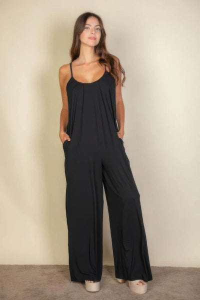 Spaghetti Strap Solid Wide Jumpsuit - Ebony's Shopping