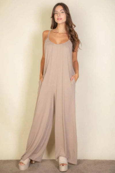 Spaghetti Strap Solid Wide Jumpsuit - Ebony's Shopping