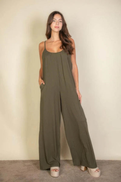 Spaghetti Strap Solid Wide Jumpsuit - Ebony's Shopping