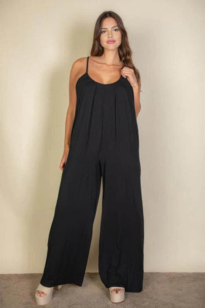 Plus spaghetti strap solid wide jumpsuit - Ebony's Shopping