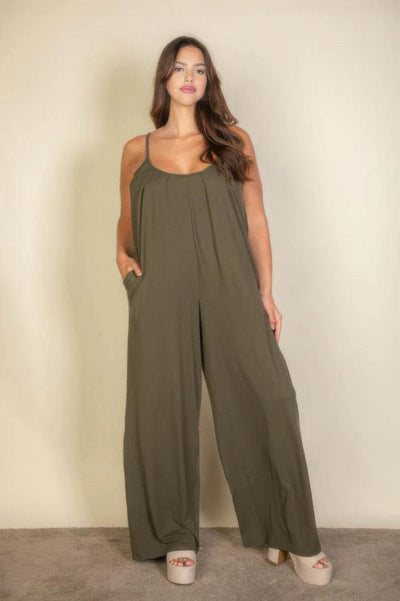 Plus spaghetti strap solid wide jumpsuit - Ebony's Shopping