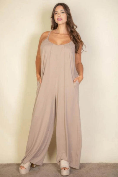 Plus spaghetti strap solid wide jumpsuit - Ebony's Shopping