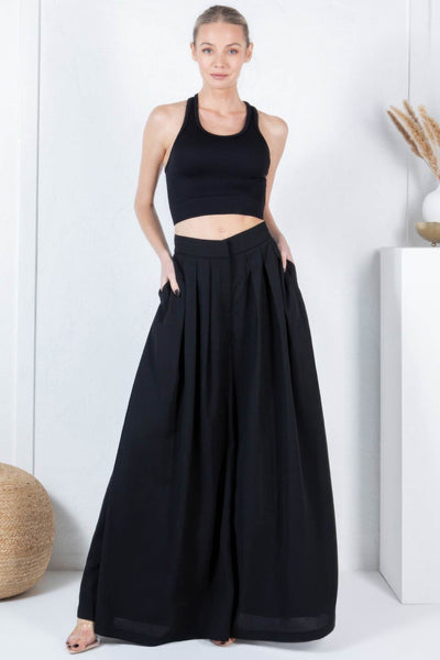 Large Hem Wide Leg Pleated Solid Pants - Ebony's Shopping