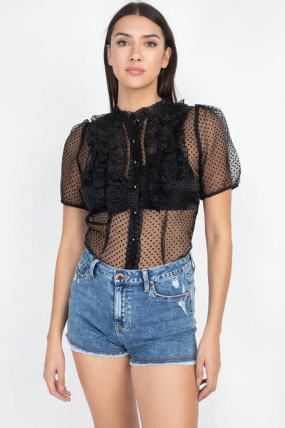 Sheer Ruffle-trim Dot Top - Ebony's Shopping