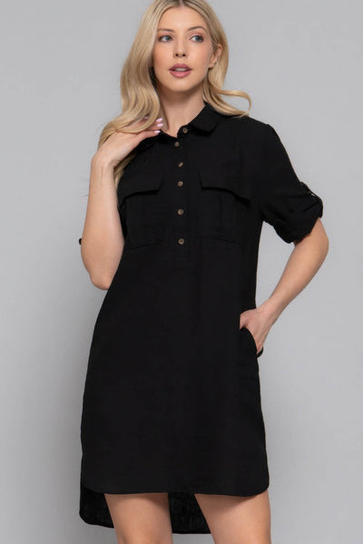 Roll Up Short Slv Straight Linen Effect Mini Dress - Ebony's Shopping