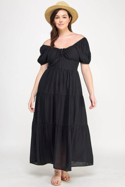 Front Tie Puff Sleeve Tired Maxi Dress - Ebony's Shopping