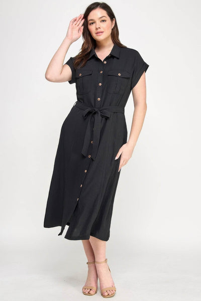 Front Tied Buttoned Short Sleeve Dress - Ebony's Shopping