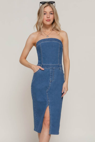 Stretch Denim Slit Tube Dress - Ebony's Shopping